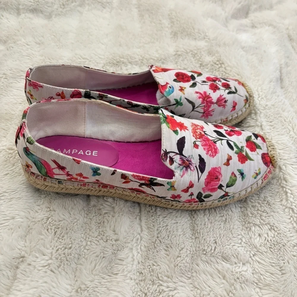 Rampage Women's Floral Bird Print Espadrilles Loafers Pink and Blue Size 9